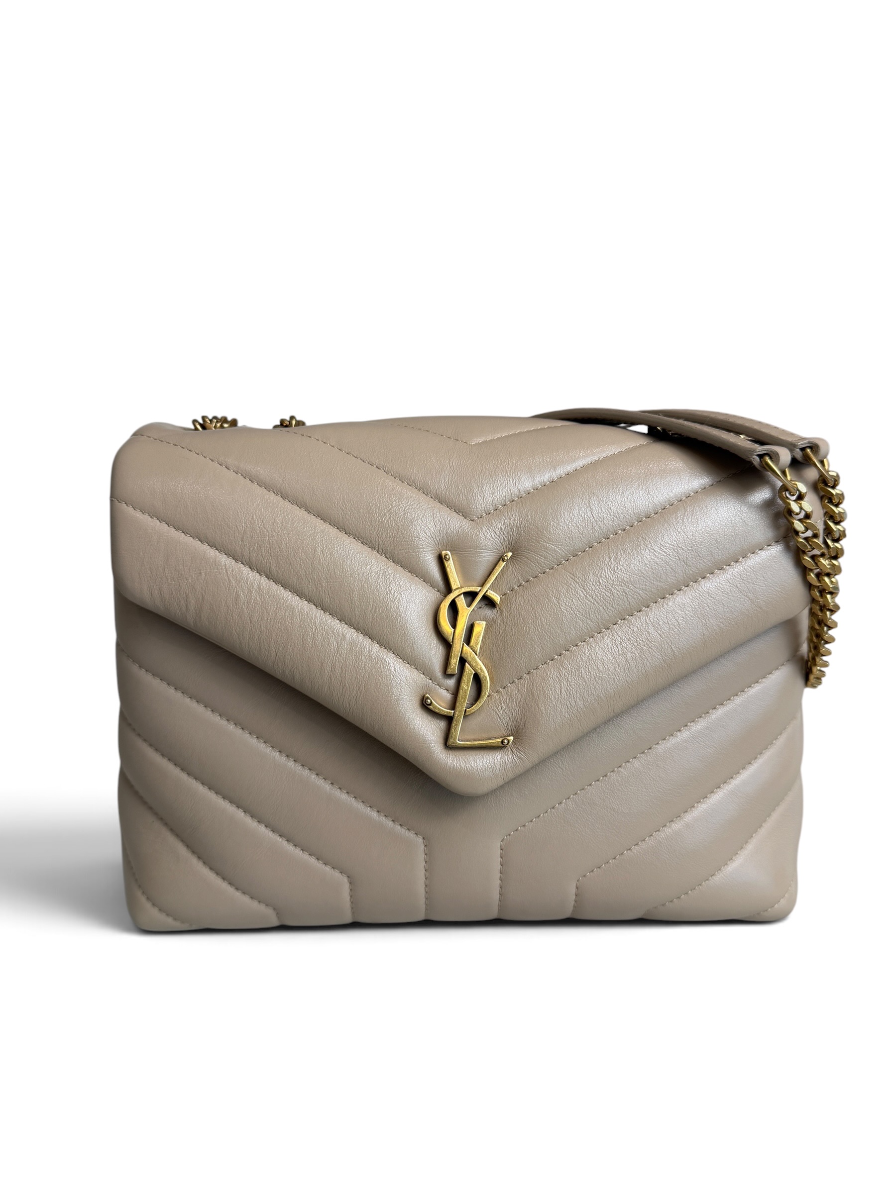 Saint Laurent (YSL) Loulou Small In Quilted Leather Beige and Gold Hardware