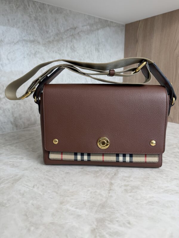 Burberry Note Crossbody Bag Leather with Vintage Check Canvas Medium