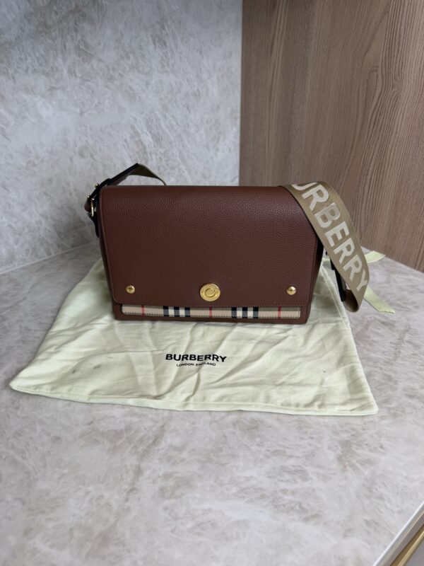 Burberry Note Crossbody Bag Leather with Vintage Check Canvas Medium