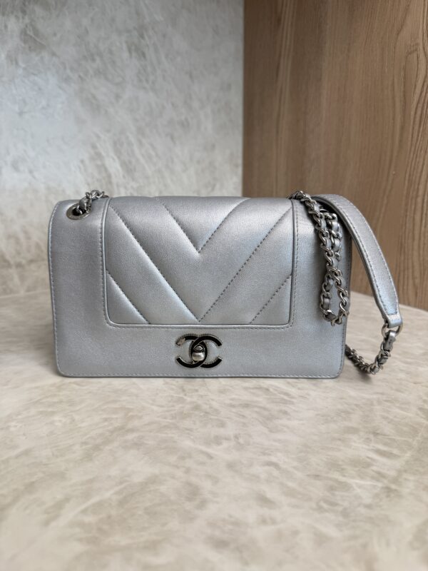 Chanel Silver Chevron Mademoiselle Vintage Flap Bag