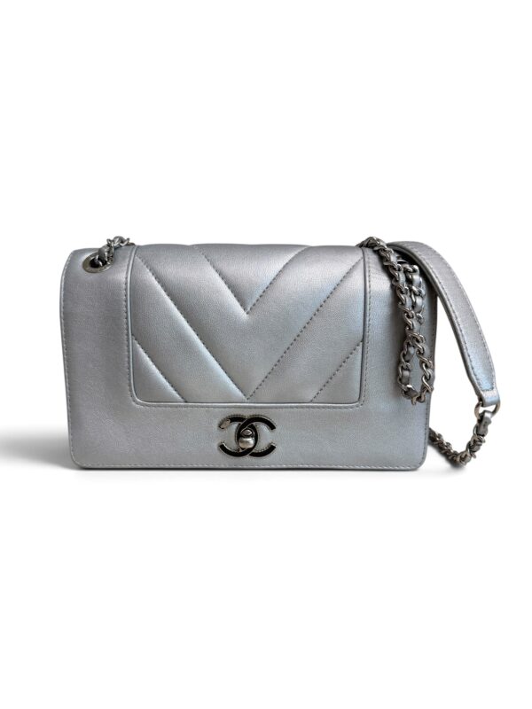 Chanel Silver Chevron Mademoiselle Vintage Flap Bag