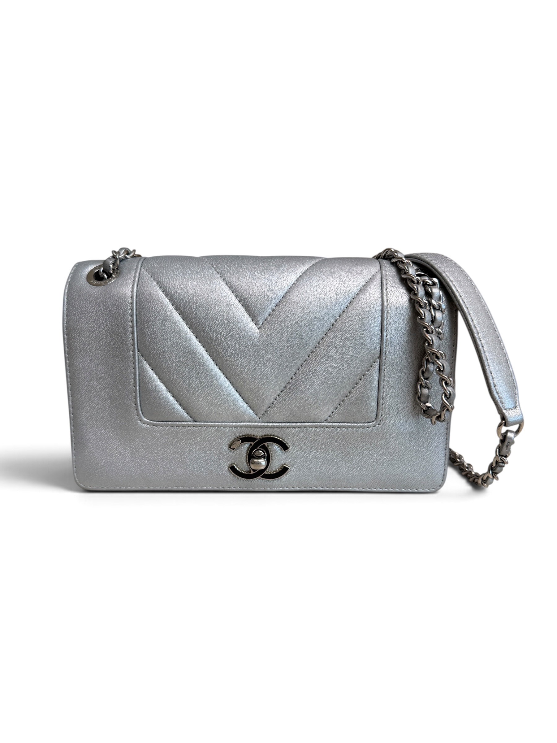 Chanel Silver Chevron Mademoiselle Vintage Flap Bag