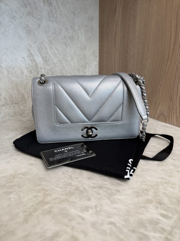 Chanel Silver Chevron Mademoiselle Vintage Flap Bag