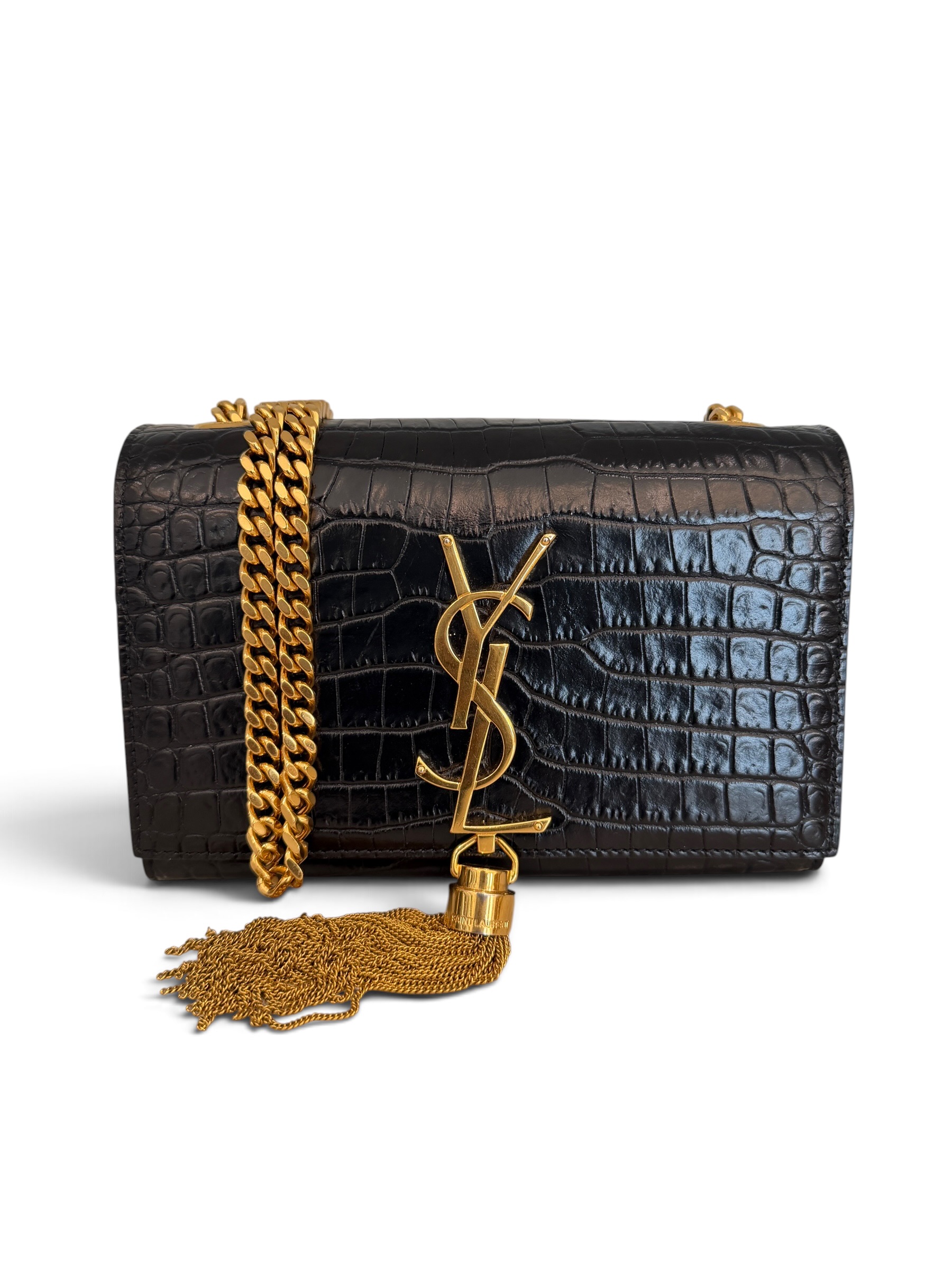 Saint Laurent (YSL) Classic Monogram Tassel Chain Wallet Crocodile Embossed Leather