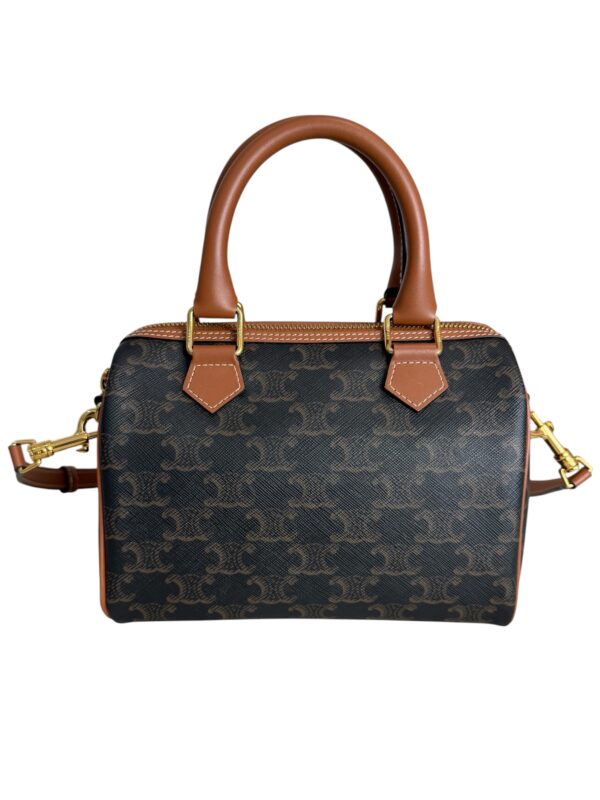 Celine Triomphe Canvas Calfskin Small Boston Bag Tan