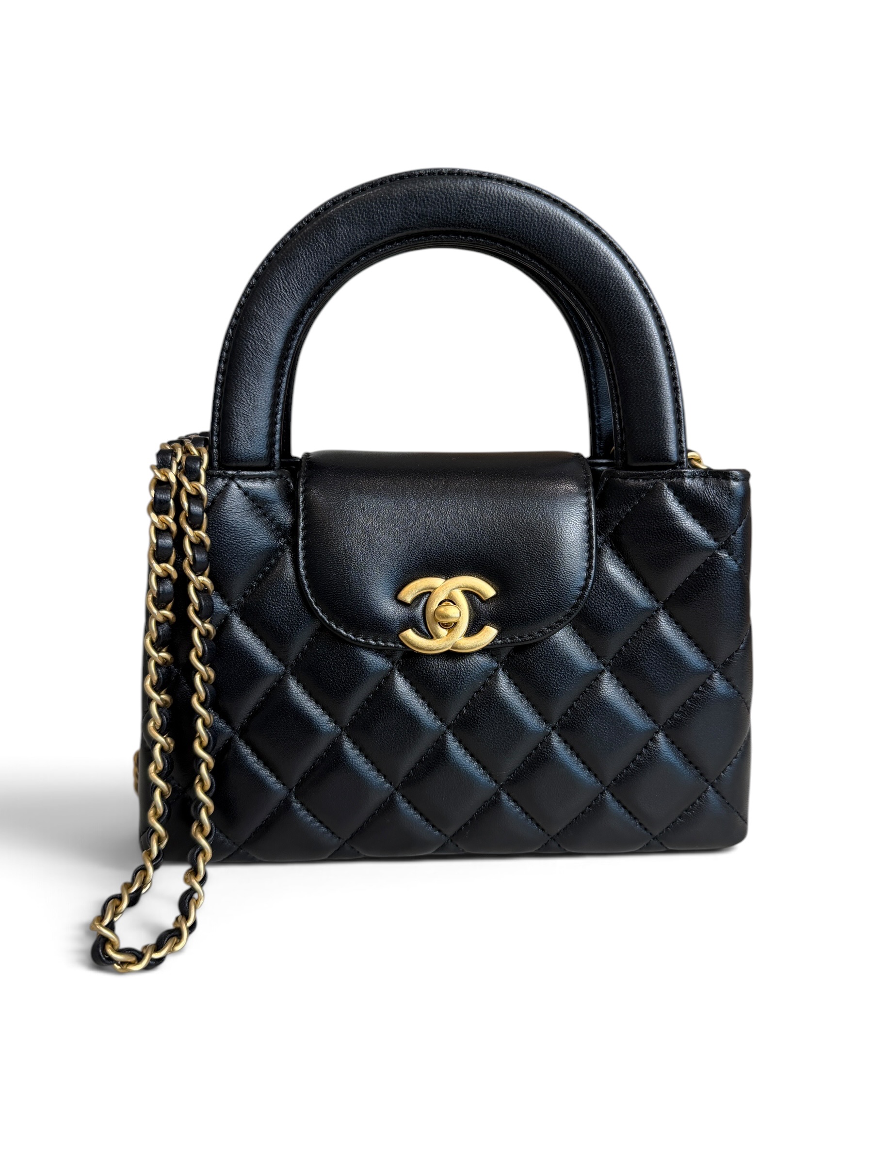 Chanel Shiny Aged Calfskin Quilted Nano Kelly Shopper Black