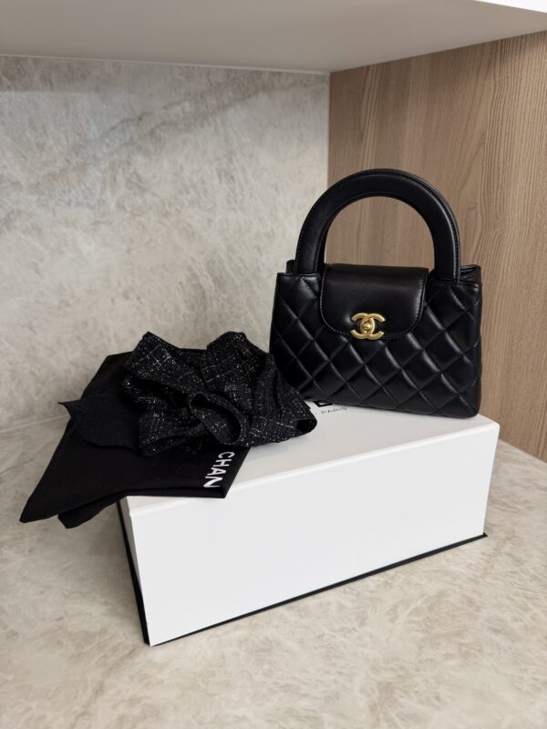 Chanel Shiny Aged Calfskin Quilted Nano Kelly Shopper Black