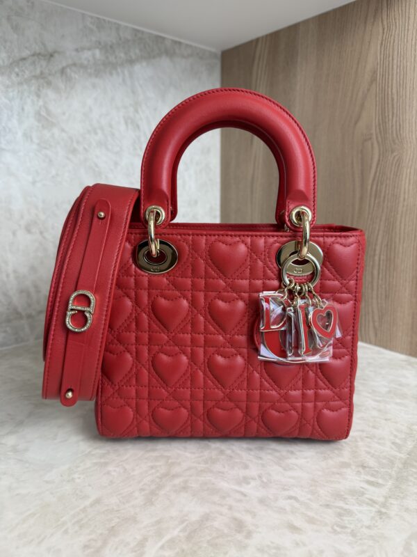 Christian Dior Lambskin Cannage Dioramour Heart Small Lady Dior Red