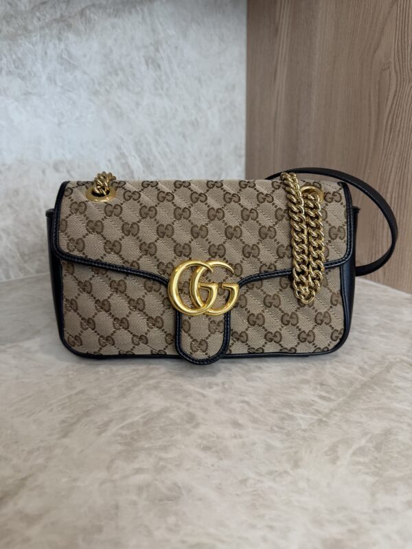 Gucci GG Marmont Flap Bag Diagonal Quilted GG Canvas with Leather Small