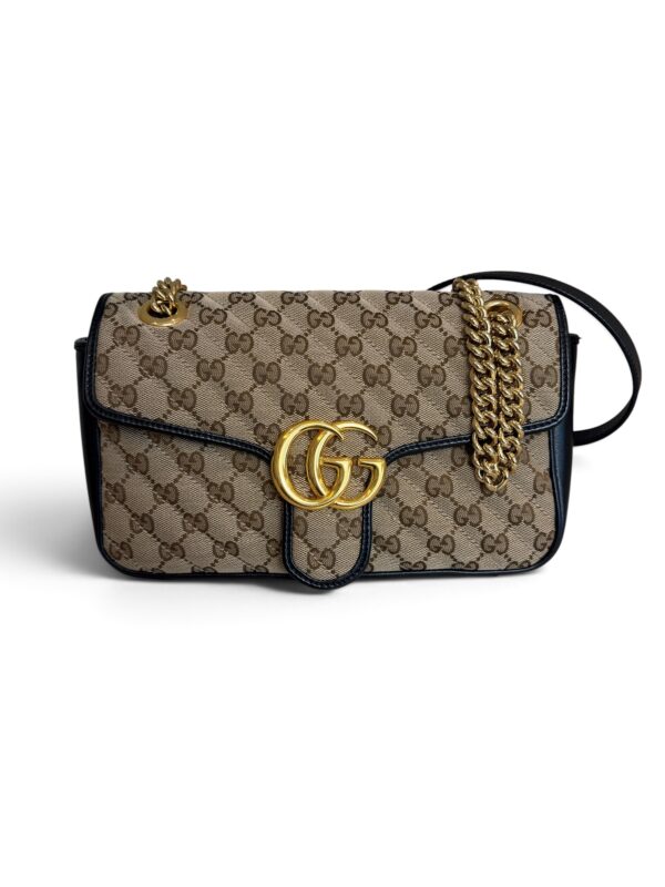 Gucci GG Marmont Flap Bag Diagonal Quilted GG Canvas with Leather Small