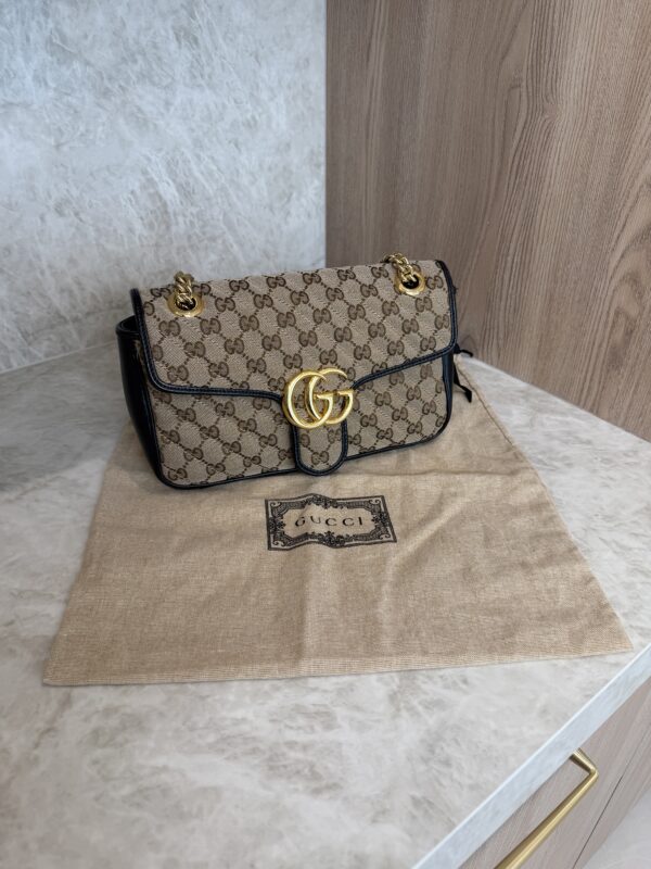 Gucci GG Marmont Flap Bag Diagonal Quilted GG Canvas with Leather Small