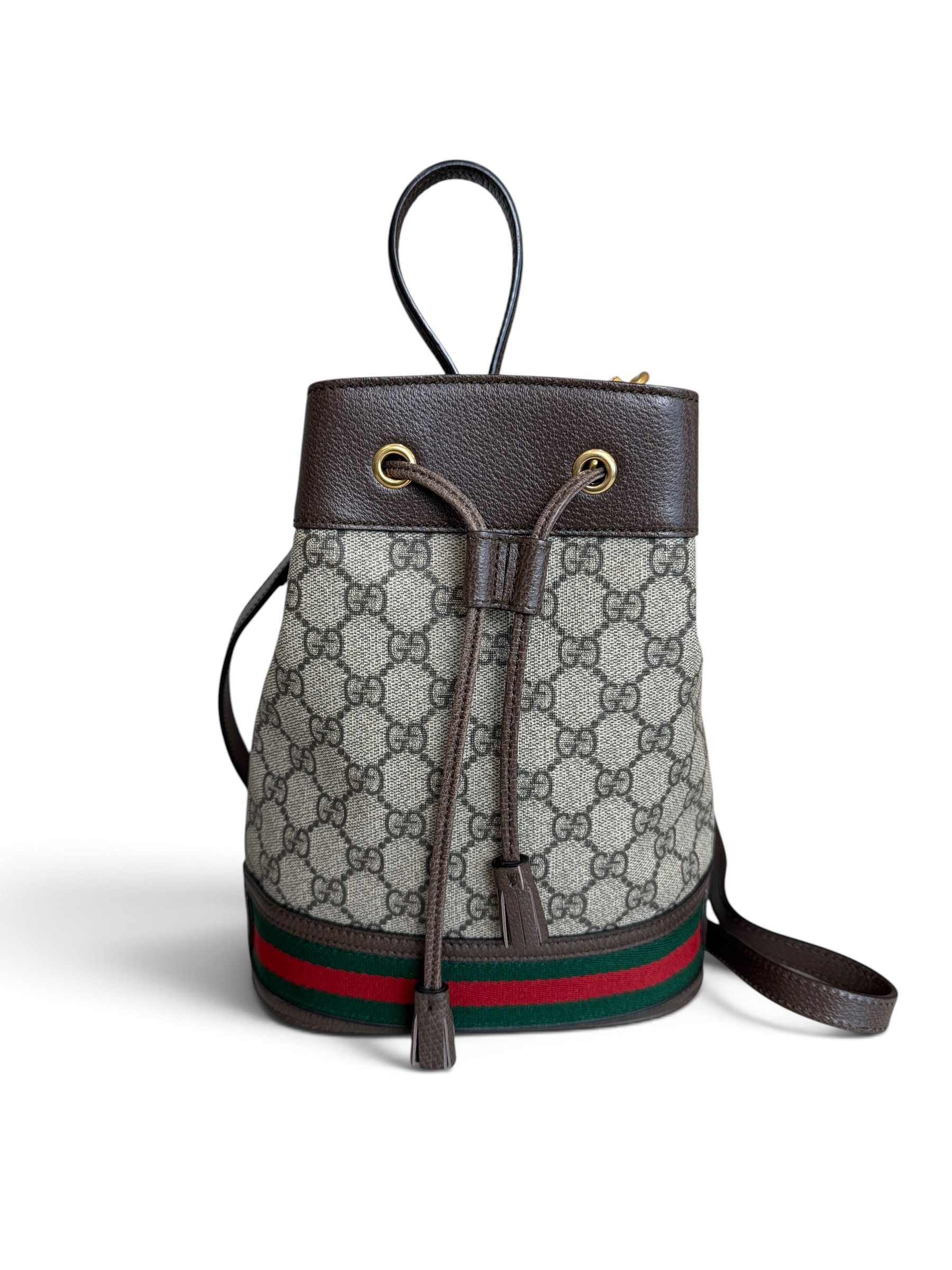 Gucci GG Supreme Monogram Web Small Ophidia Bucket Bag Brown