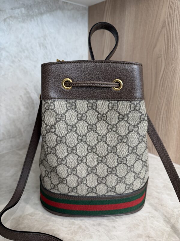 Gucci GG Supreme Monogram Web Small Ophidia Bucket Bag Brown