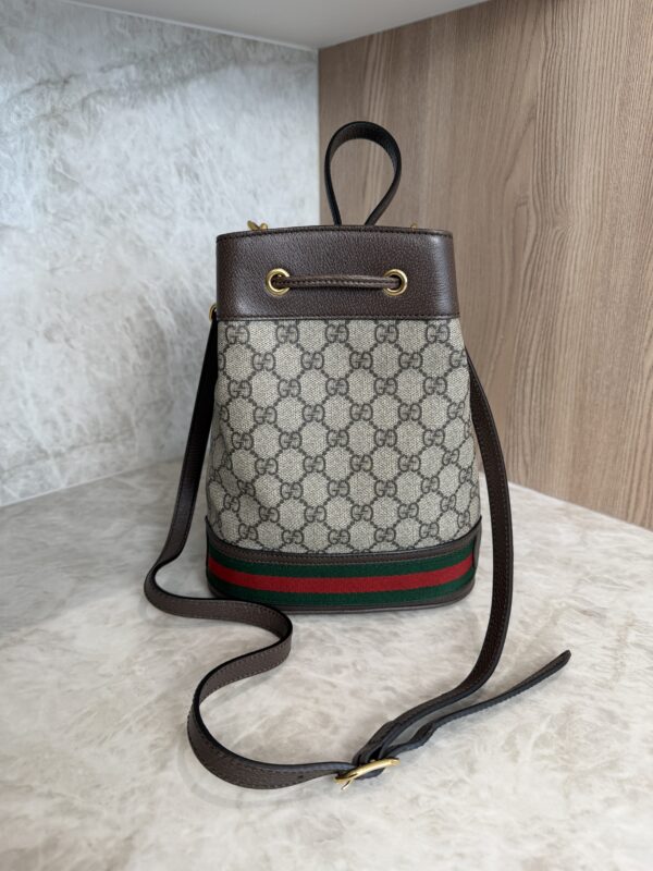 Gucci GG Supreme Monogram Web Small Ophidia Bucket Bag Brown
