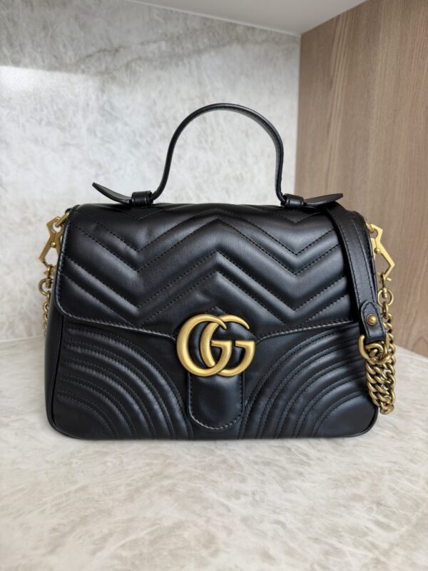 Gucci GG Marmont Top Handle Flap Bag Matelasse Leather Small Black