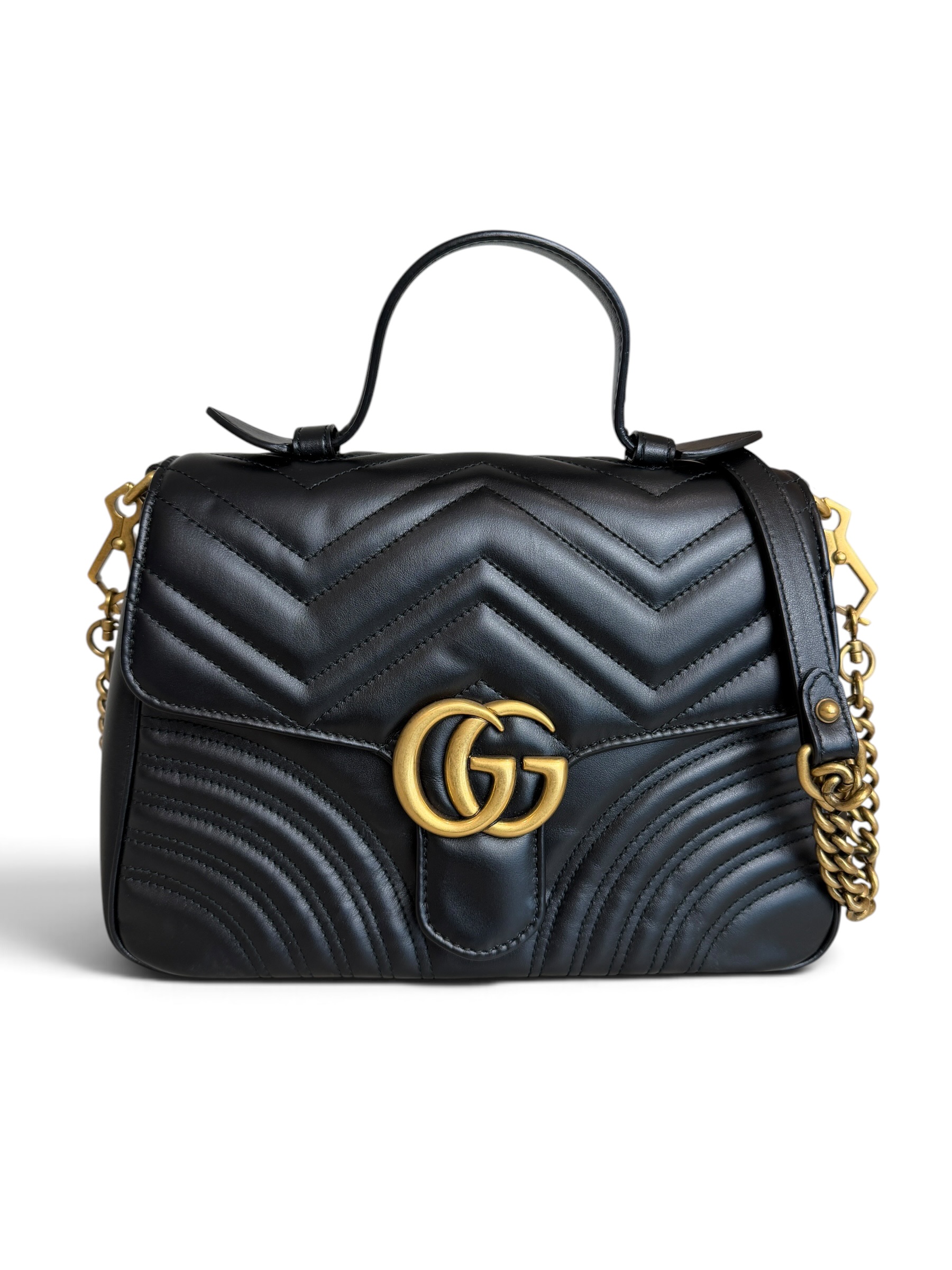 Gucci GG Marmont Top Handle Flap Bag Matelasse Leather Small Black