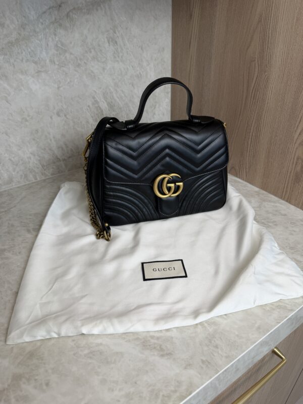 Gucci GG Marmont Top Handle Flap Bag Matelasse Leather Small Black