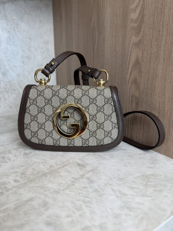 Gucci GG Supreme Monogram Textured Dollar Calfskin Mini Blondie Chain Shoulder Flap Bag Beige Ebony New Acero