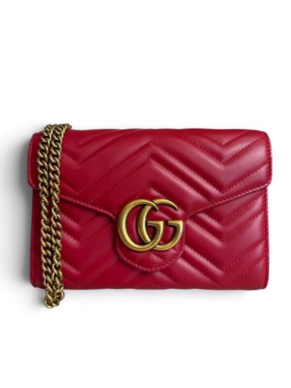 Gucci Calfskin Matelasse GG Marmont Chain Wallet Red