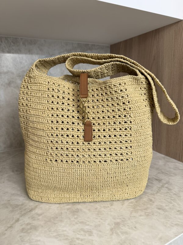 Saint Laurent (YSL) Natural Raffia And Brown Leather Le 5 A 7 Shoulder Bag