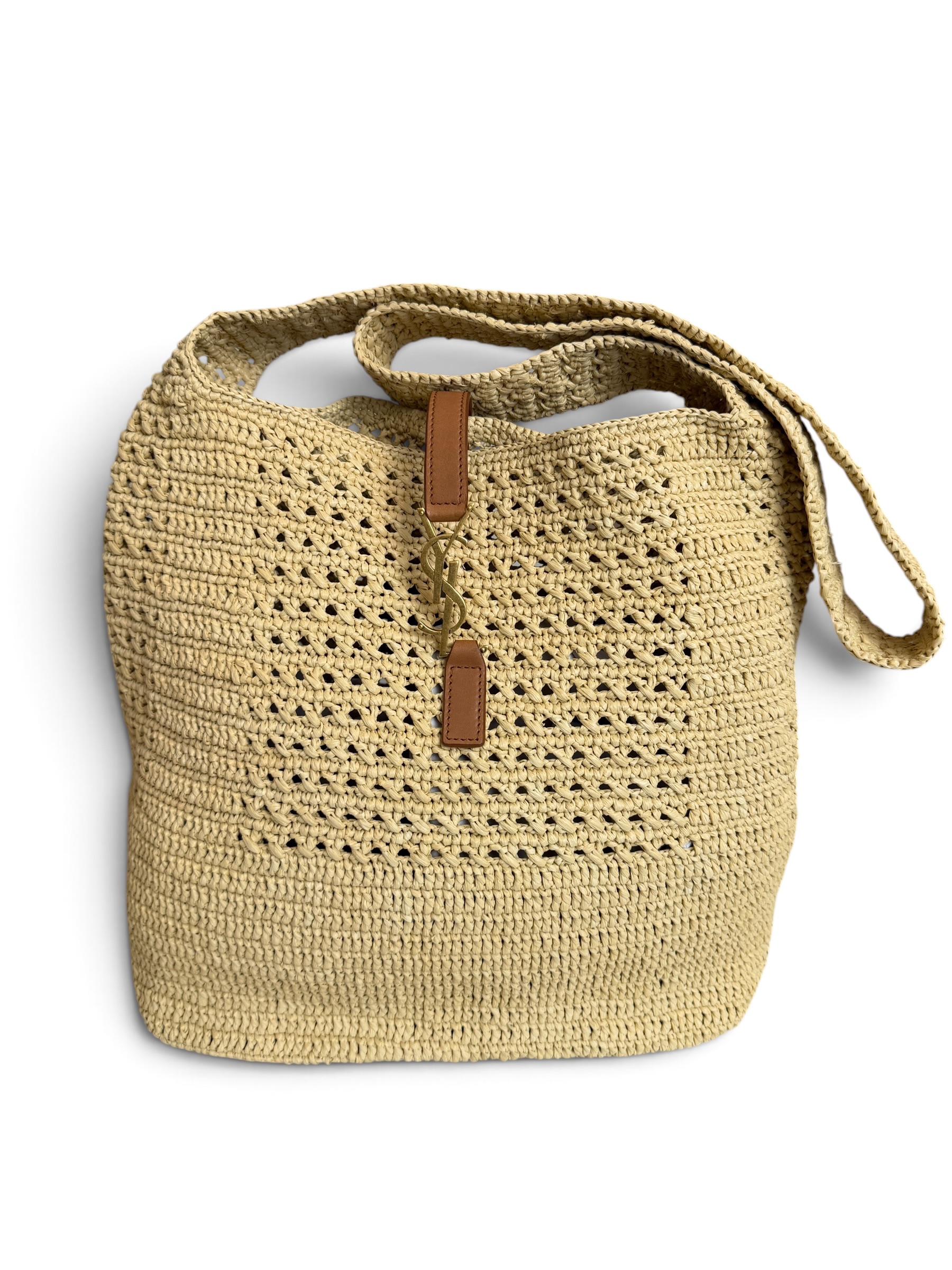 Saint Laurent (YSL) Natural Raffia And Brown Leather Le 5 A 7 Shoulder Bag