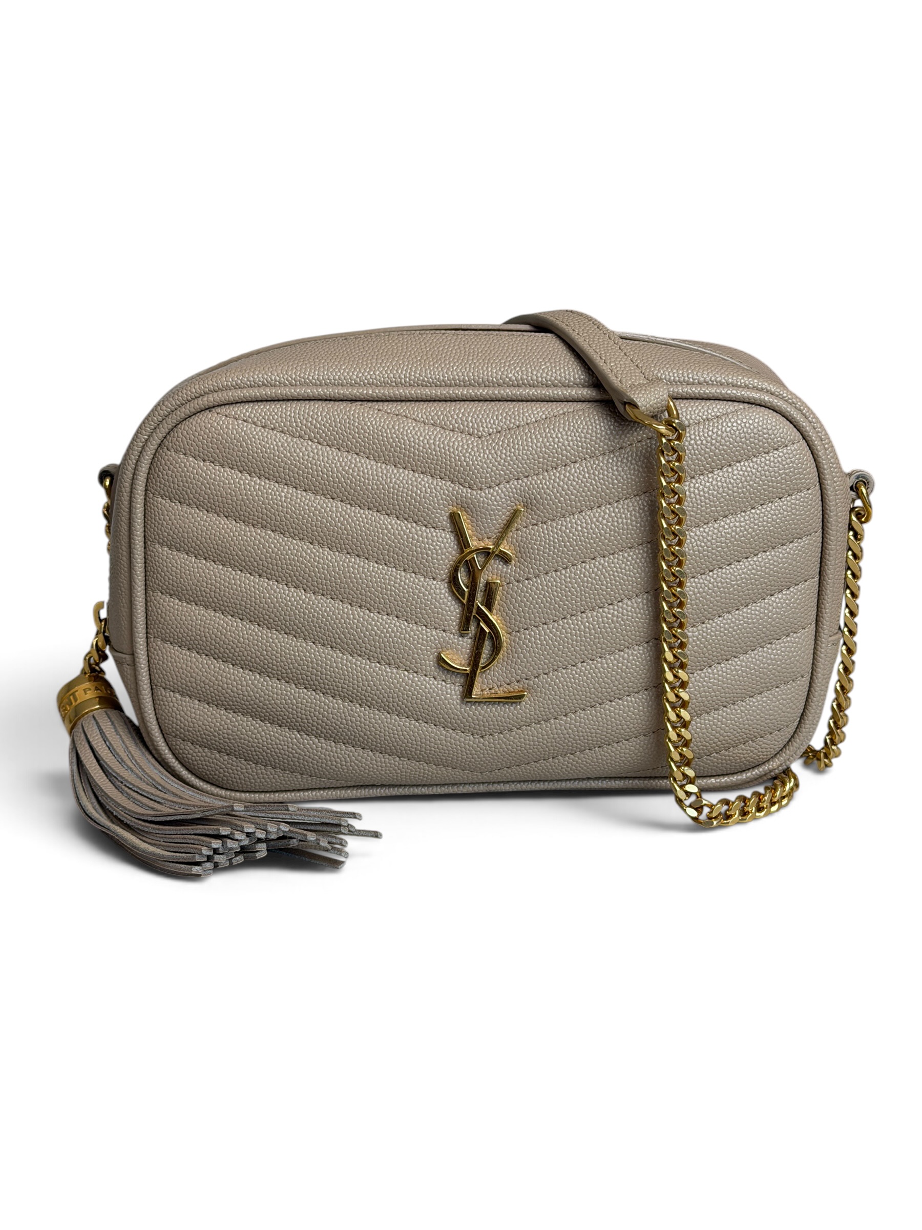 Saint Laurent Matelasse Monogram Mini Lou Camera Bag Beige and Gold Hardware