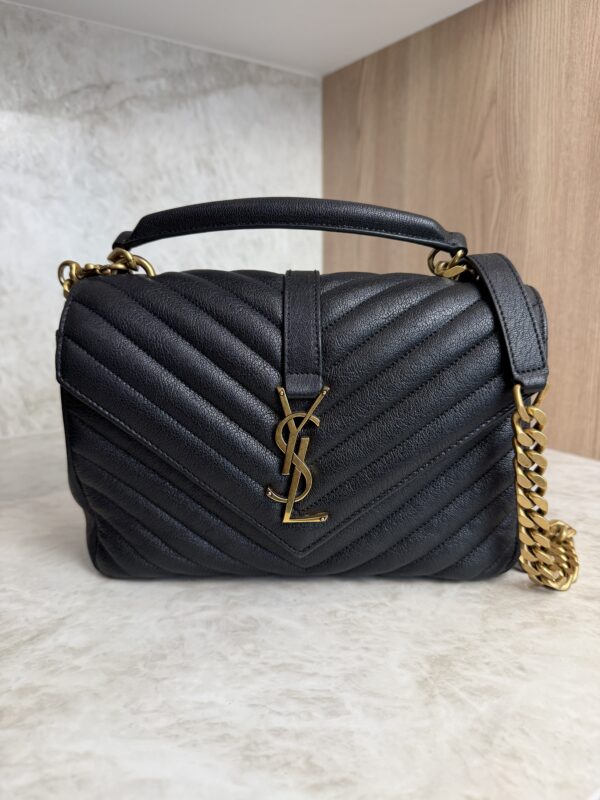 Saint Laurent (YSL) Sheepskin Matelasse Chevron Monogram Medium College Bag Black