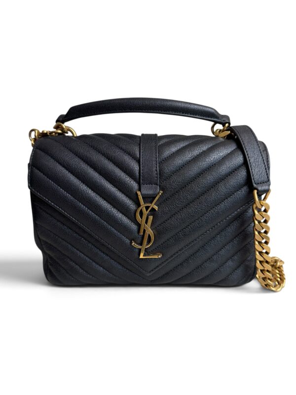 Saint Laurent (YSL) Sheepskin Matelasse Chevron Monogram Medium College Bag Black