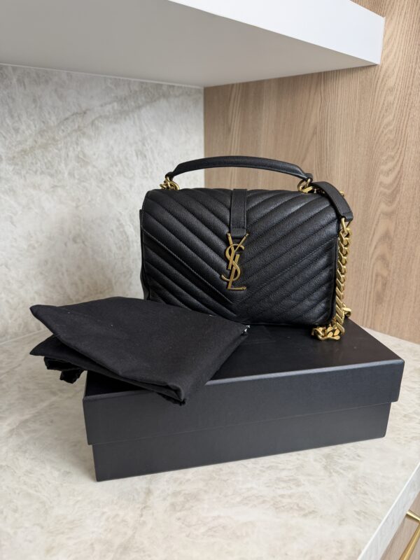 Saint Laurent (YSL) Sheepskin Matelasse Chevron Monogram Medium College Bag Black