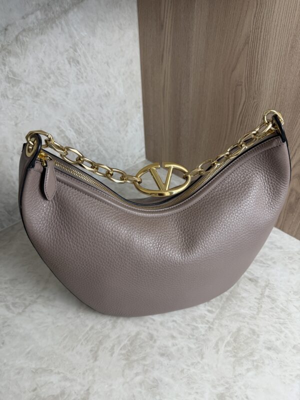 Valentino Garavani VLogo Moon Medium Grainy Calfskin Hobo Bag with Chain Clay