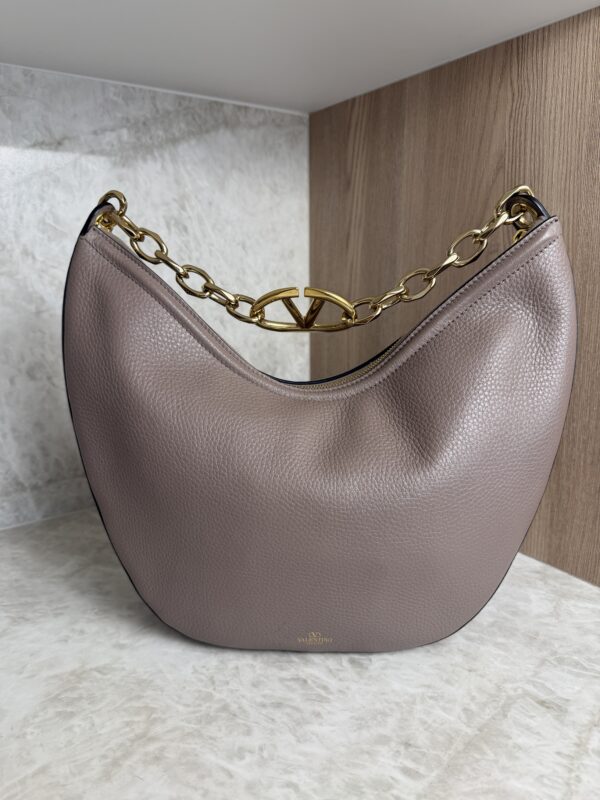 Valentino Garavani VLogo Moon Medium Grainy Calfskin Hobo Bag with Chain Clay