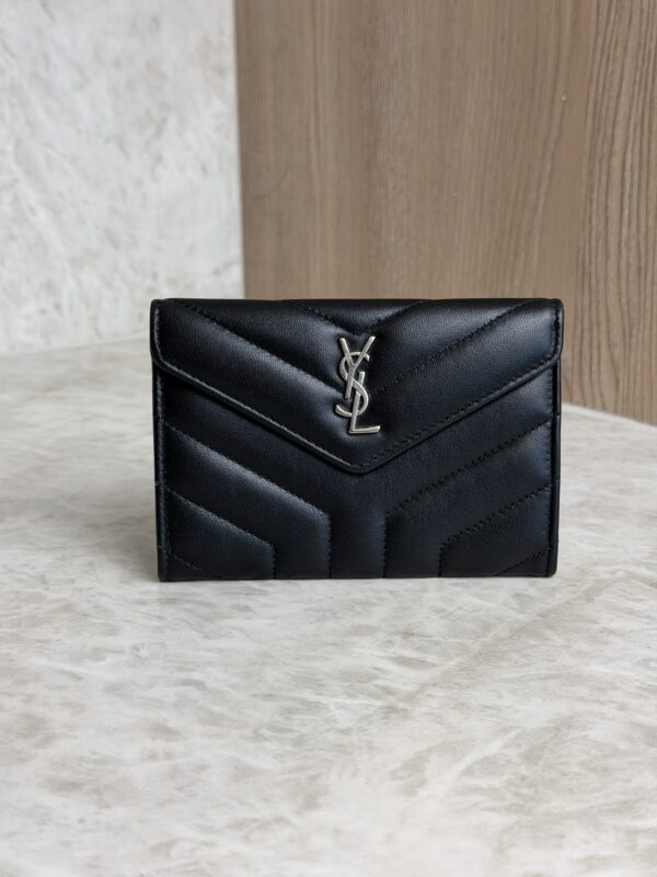 Saint Laurent (YSL) Lambskin Y Quilted Monogram Small Loulou Envelope Wallet Black