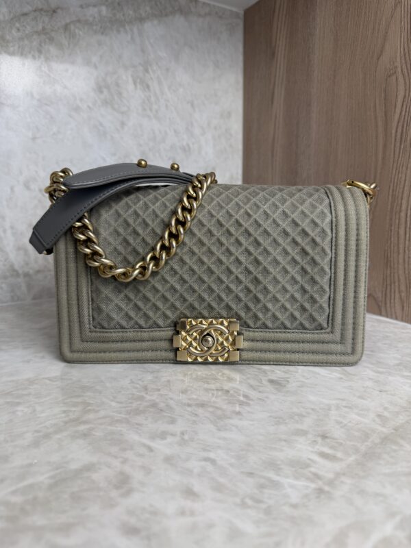 Chanel Old Medium Boy Denim Bag In Olive