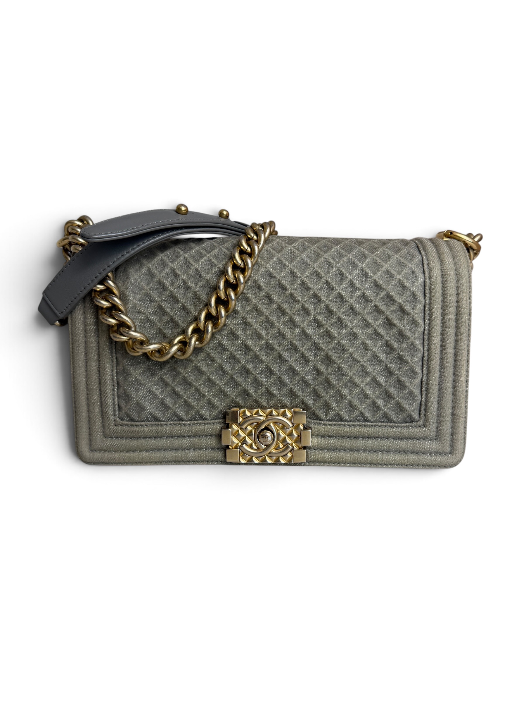 Chanel Old Medium Boy Denim Bag In Olive