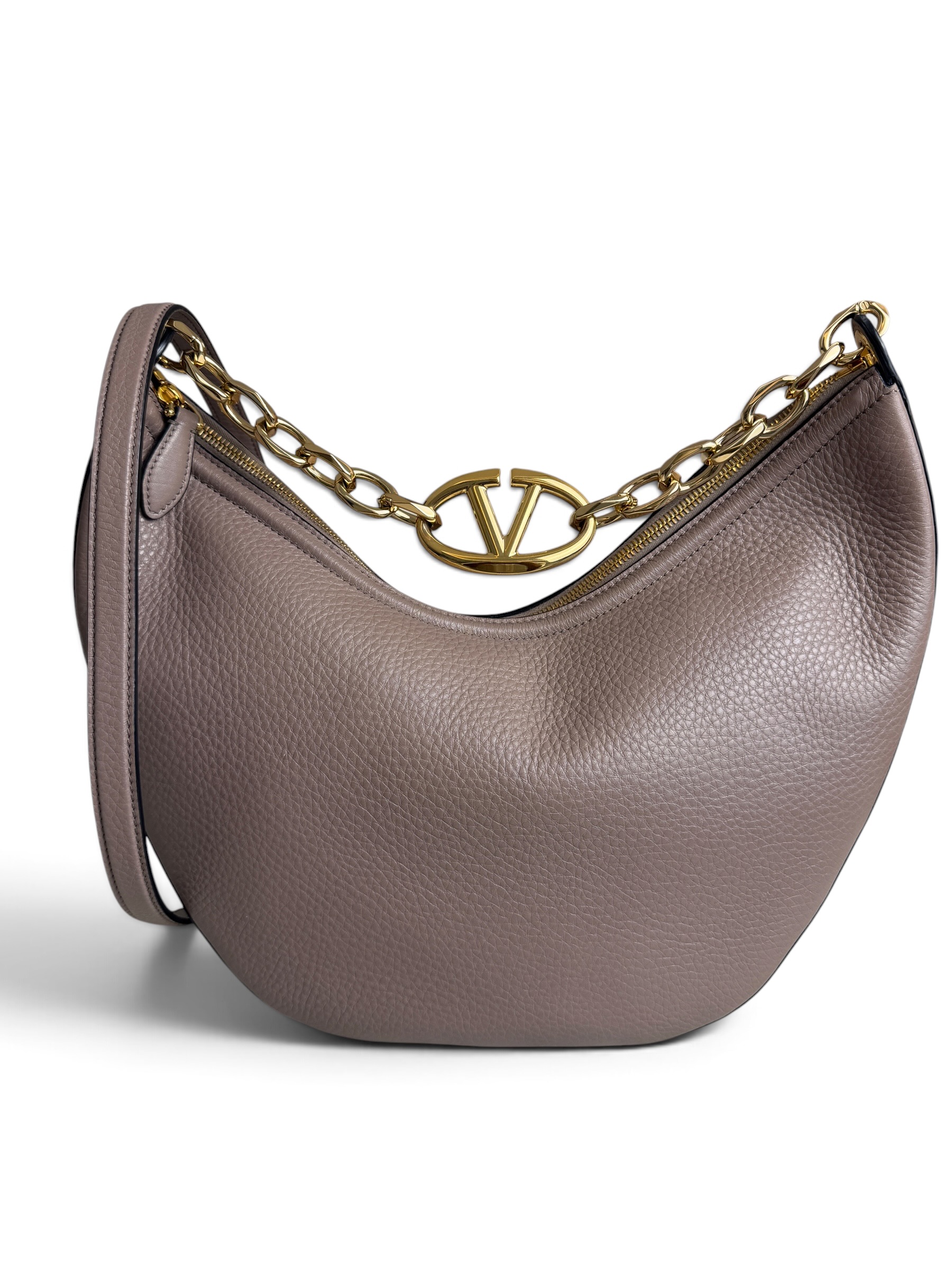 Valentino Garavani VLogo Moon Medium Grainy Calfskin Hobo Bag with Chain Clay