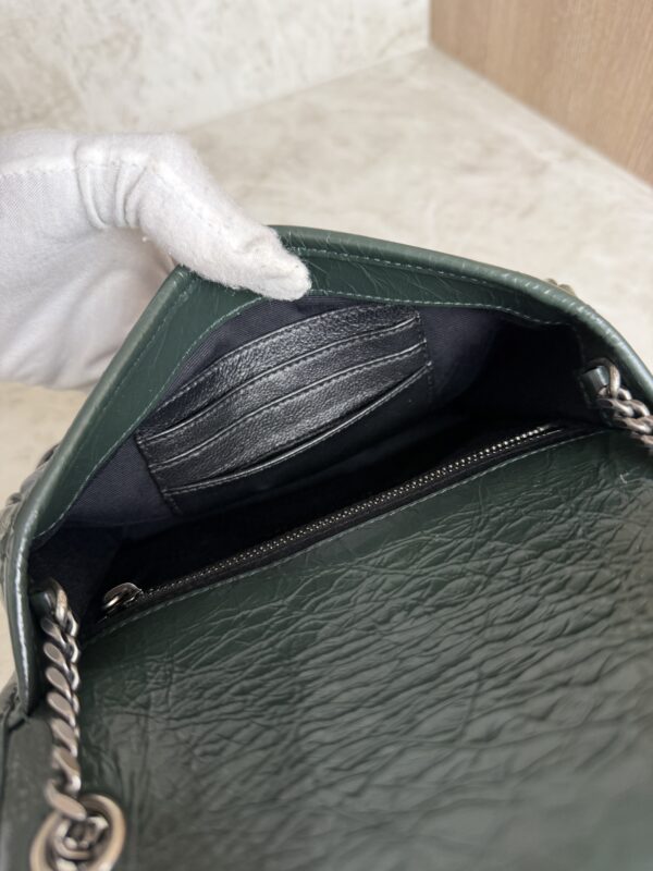 Saint Laurent (YSL) Crinkled Calfskin Matelasse Monogram Niki Chain Wallet Dark Green