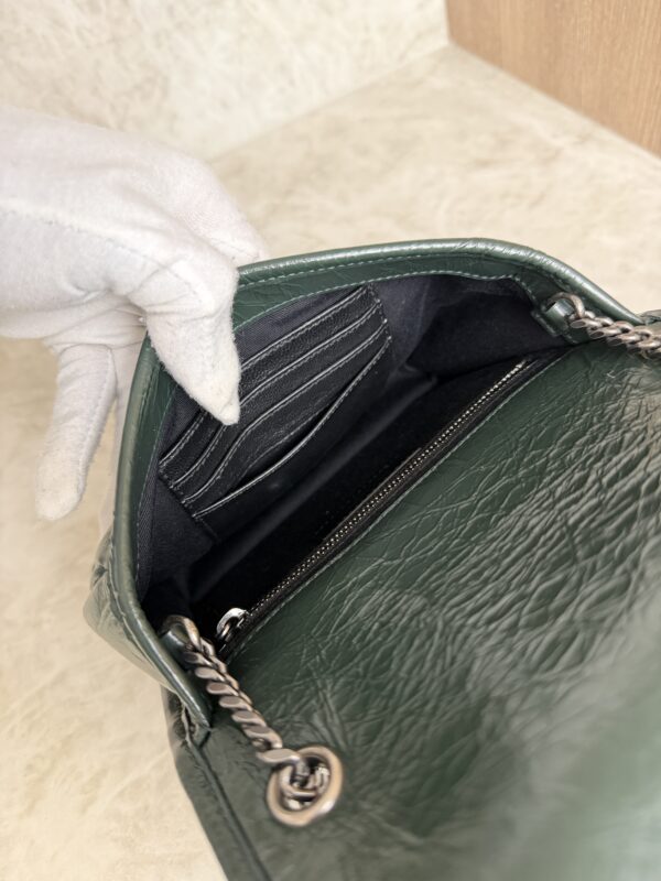 Saint Laurent (YSL) Crinkled Calfskin Matelasse Monogram Niki Chain Wallet Dark Green