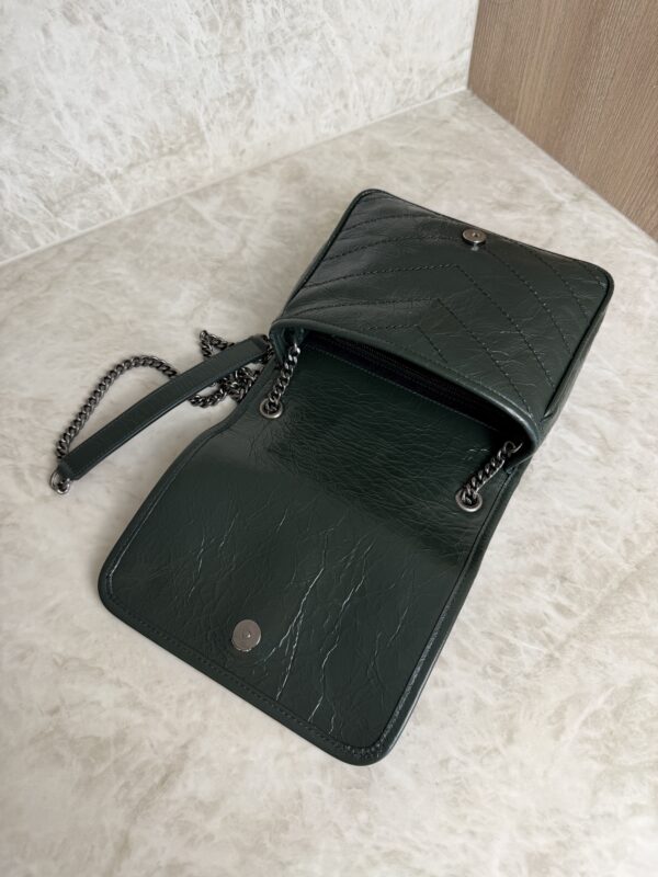 Saint Laurent (YSL) Crinkled Calfskin Matelasse Monogram Niki Chain Wallet Dark Green