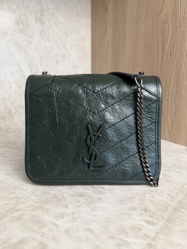 Saint Laurent (YSL) Crinkled Calfskin Matelasse Monogram Niki Chain Wallet Dark Green