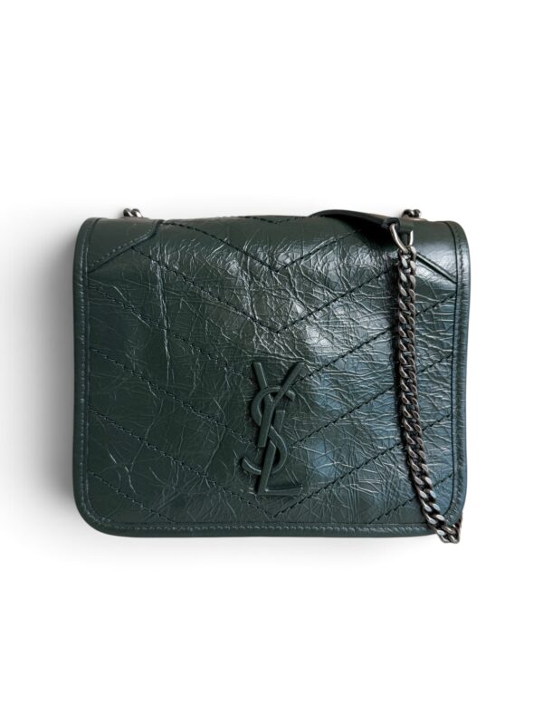 Saint Laurent (YSL) Crinkled Calfskin Matelasse Monogram Niki Chain Wallet Dark Green