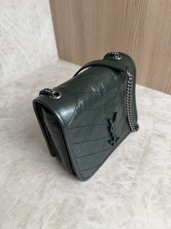 Saint Laurent (YSL) Crinkled Calfskin Matelasse Monogram Niki Chain Wallet Dark Green