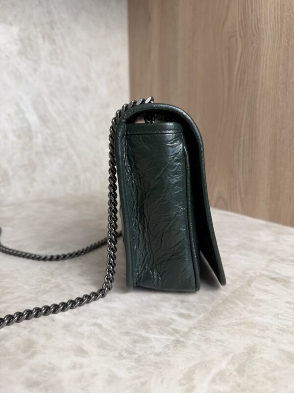 Saint Laurent (YSL) Crinkled Calfskin Matelasse Monogram Niki Chain Wallet Dark Green
