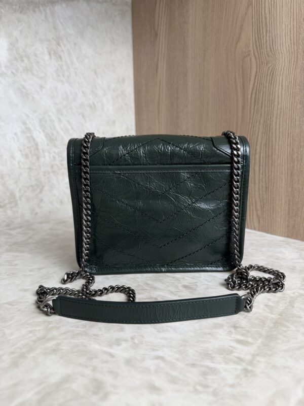Saint Laurent (YSL) Crinkled Calfskin Matelasse Monogram Niki Chain Wallet Dark Green