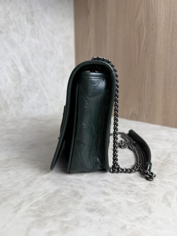 Saint Laurent (YSL) Crinkled Calfskin Matelasse Monogram Niki Chain Wallet Dark Green