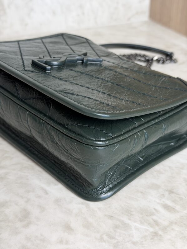 Saint Laurent (YSL) Crinkled Calfskin Matelasse Monogram Niki Chain Wallet Dark Green