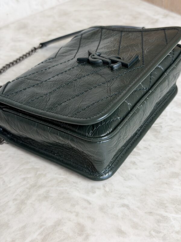 Saint Laurent (YSL) Crinkled Calfskin Matelasse Monogram Niki Chain Wallet Dark Green