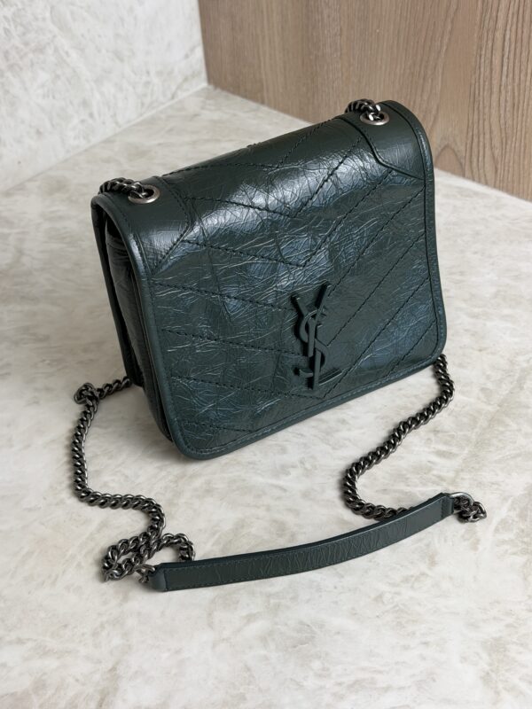 Saint Laurent (YSL) Crinkled Calfskin Matelasse Monogram Niki Chain Wallet Dark Green