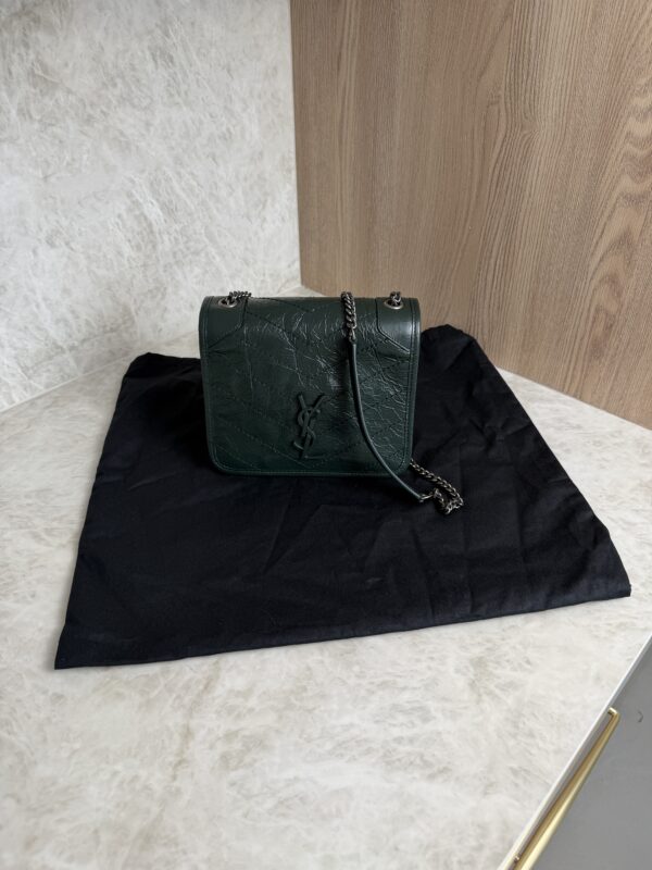 Saint Laurent (YSL) Crinkled Calfskin Matelasse Monogram Niki Chain Wallet Dark Green
