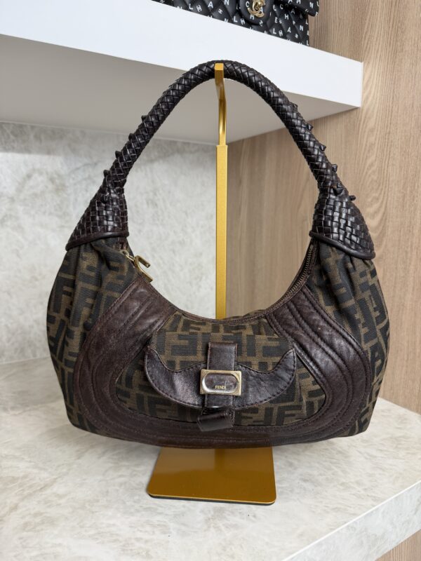 Fendi Zucca Nappa Nuvolata Vitello Tortuga Medium Spy Hobo Tobacco Moro