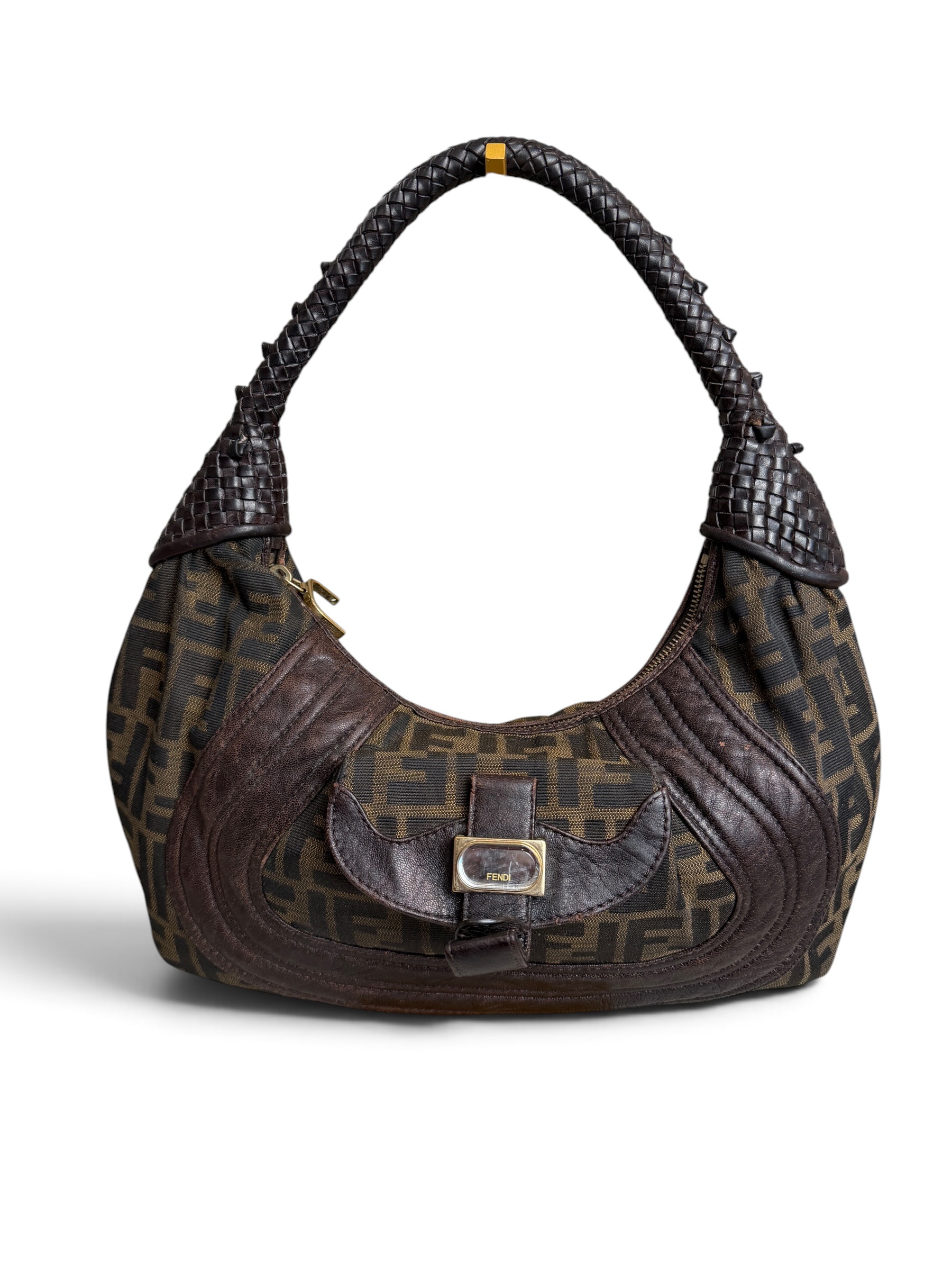 Fendi Zucca Nappa Nuvolata Vitello Tortuga Medium Spy Hobo Tobacco Moro